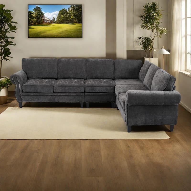 109.5" Chenille 6-Seater L-Shaped Sectional Sofa with Rivets Decorated Rolled Armrests,Cushions, and Wood Frame - DarkGray