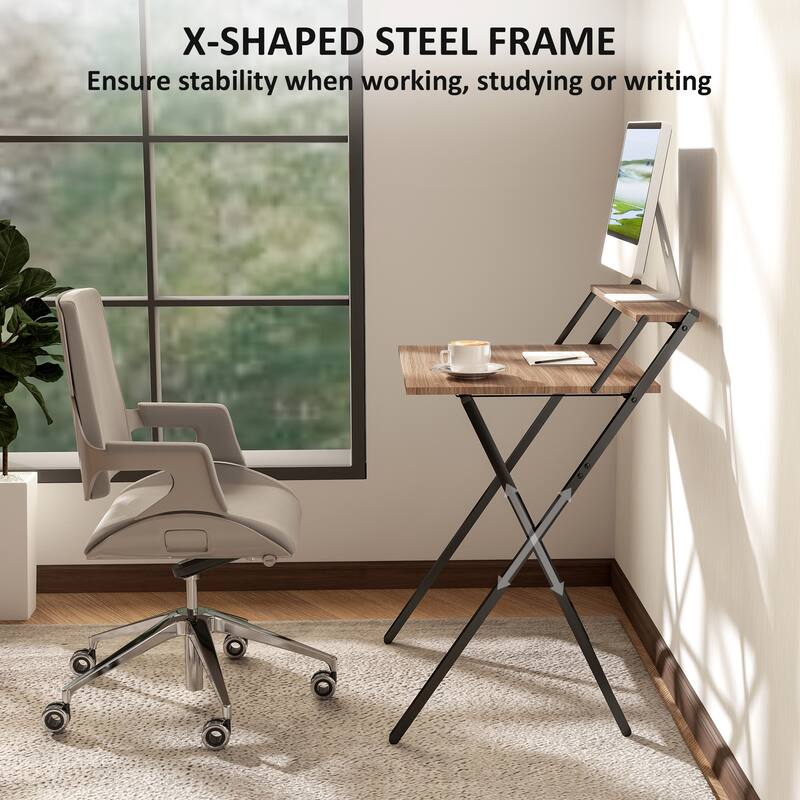Folding Desk with Monitor Shelf Compact Space Saving Workstation Sturdy Steel Frame Easy Assembly