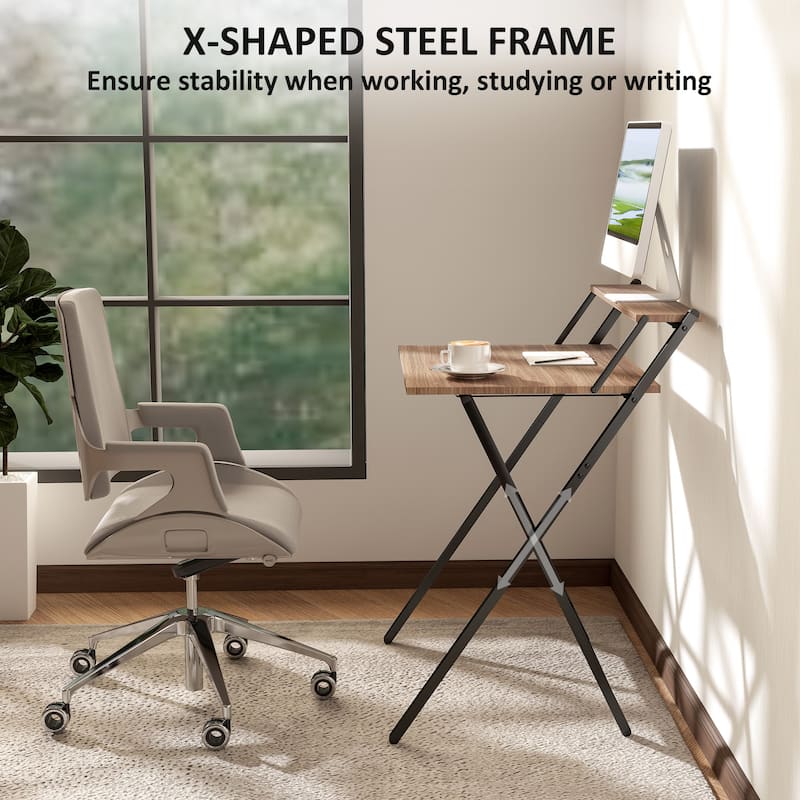 HOMCOM Small Folding Desk, 27.6 Inch Foldable Computer Desk with Monitor Shelf, Space Saving Portable Writing Table