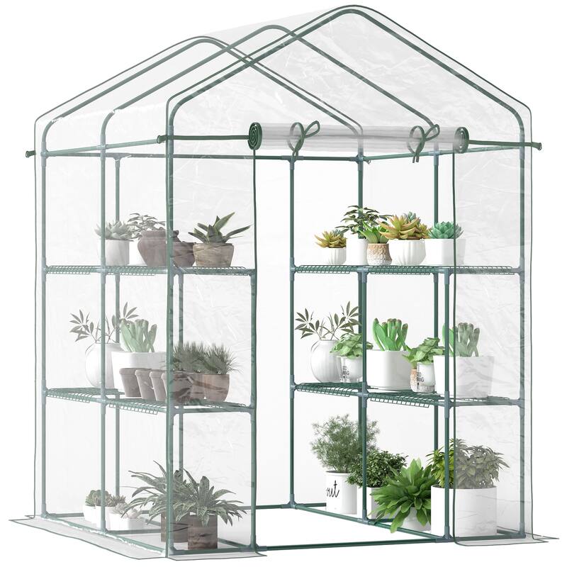 GDFStudio - Outdoor Portable Walk-In Greenhouse Kit with 4-Tier Shelving & Steel Frame - Clear - 4.7'×4.7'