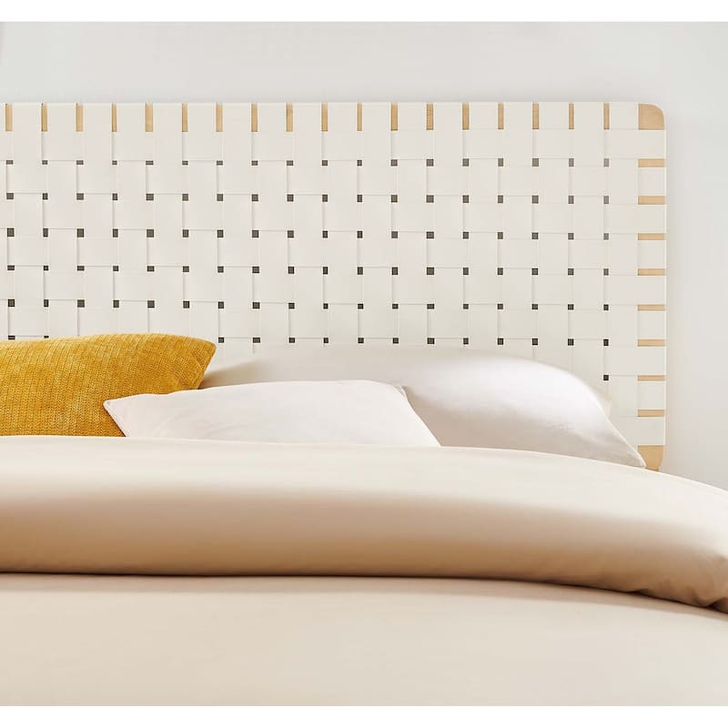 Ditmas Solid Wooden Off-White Leather Basket Weaved King Size Headboard