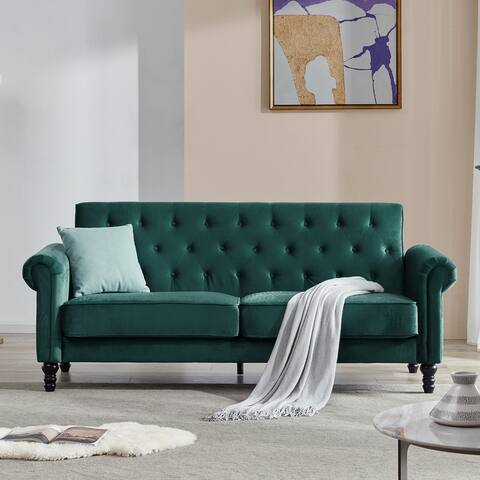 Mid-Century Upholstered Velvet Tufted Sofa with Scroll Arms