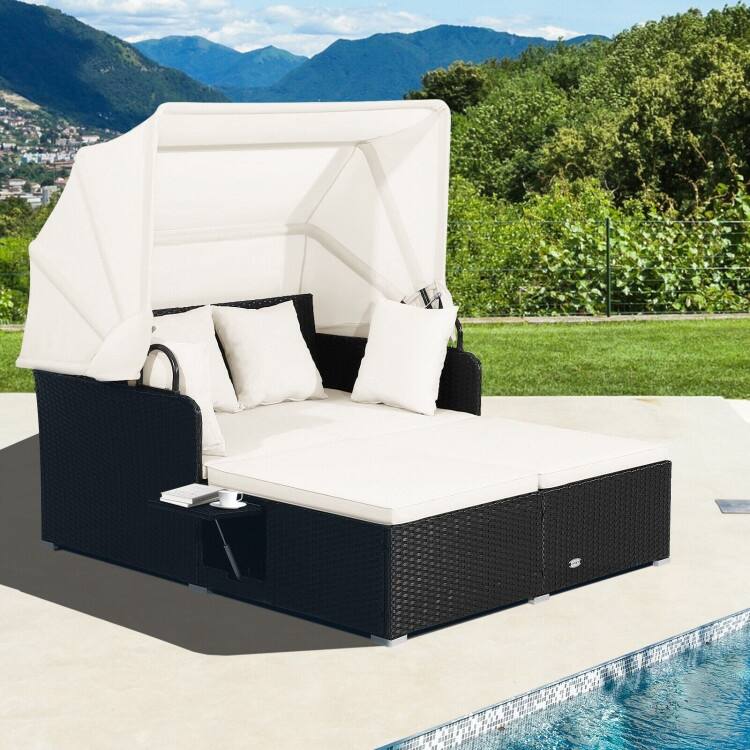 Outdoor Patio Daybed with Canopy and Foldable Side Trays - 65" x 60.5 x 58.5"