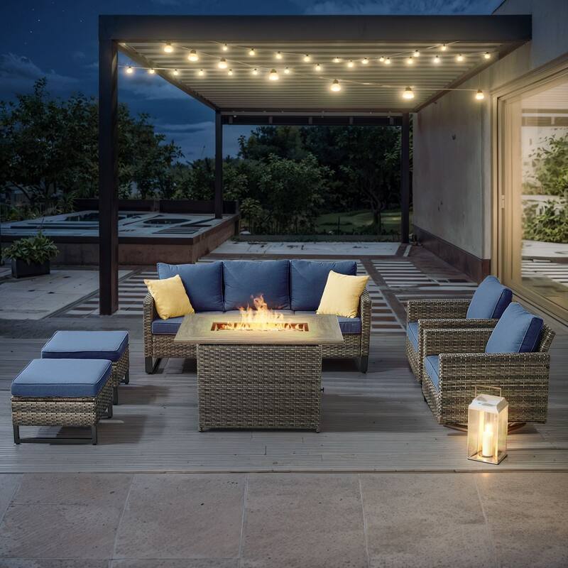 Gymojoy Outdoor Fire Pit Conversation Set, Patio Furniture with Cushions - 6 PCS -  Sofa & Swivel Chair & Ottomans & Fire Pit - Grey Wicker / Blue Cusion