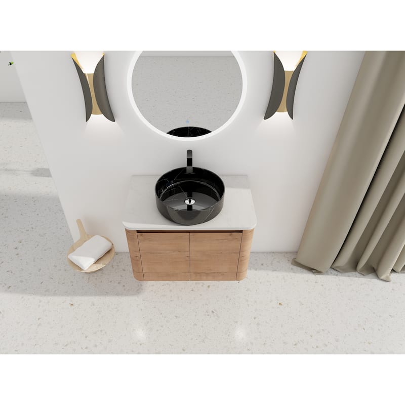 30'' Wall-Mounted Bathroom Vanity With Ceramic Art Sink & 2-Soft-Close Door, KD-Packing, Plywood