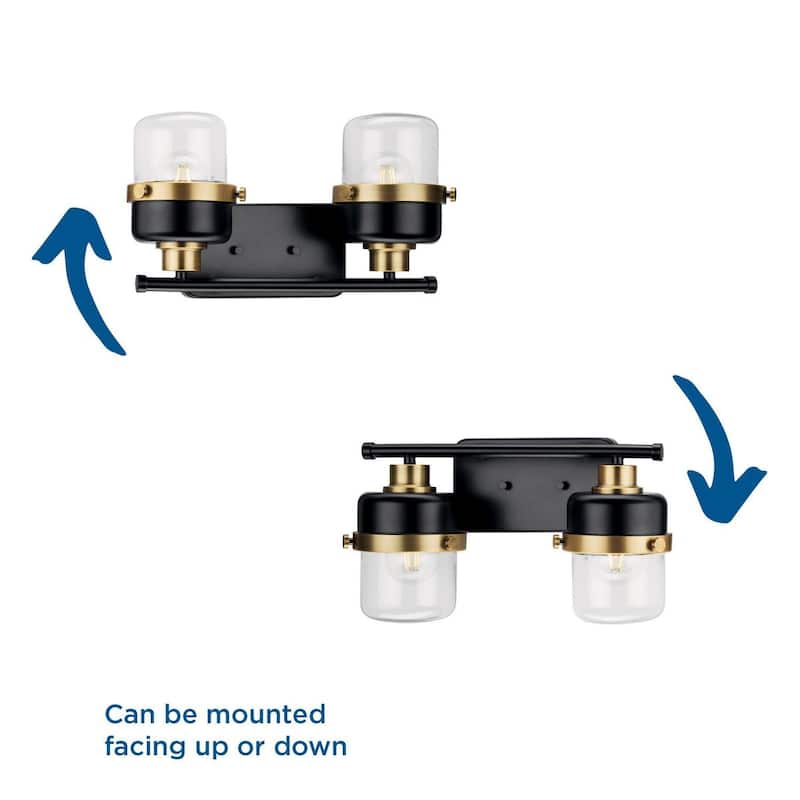 Beckner Collection Two-Light Matte Black Clear Glass Urban Industrial Bath Light with Vintage Brass Accents