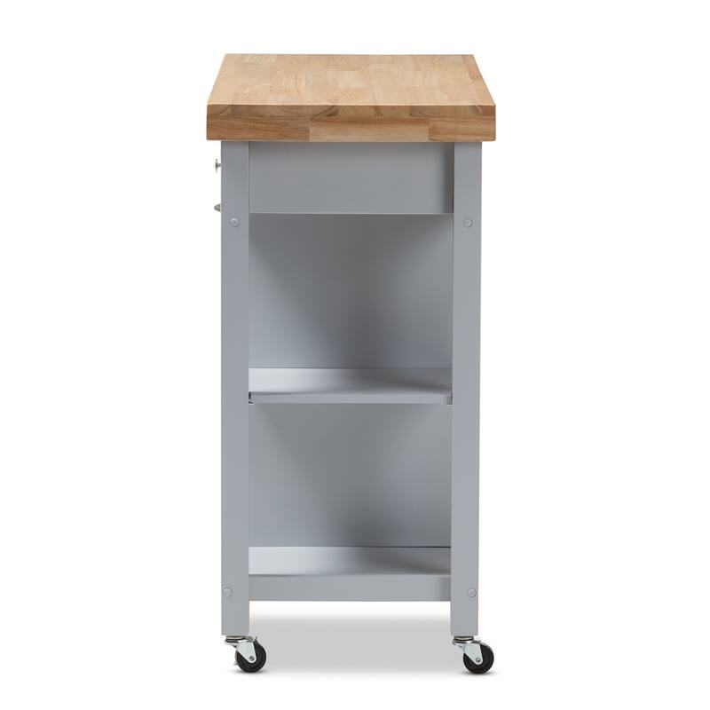 Kitchen Cart with Storage - Light Grey Wood Rolling Island, Farmhouse Style, 4 Shelves, 2 Drawers
