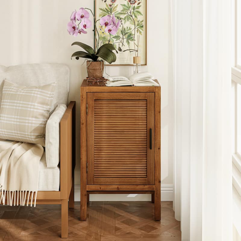 COZAYH 1 Door Farmhouse Storage Cabinet, Rustic Slat Door Cabinet with 2 Shelves, Accent End Table with Storage - Natural