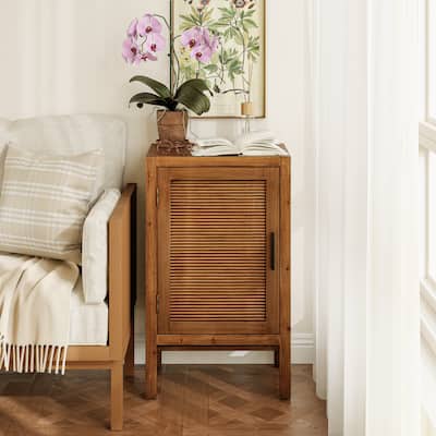 COZAYH 1 Door Farmhouse Storage Cabinet, Rustic Slat Door Cabinet with 2 Shelves, Accent End Table with Storage