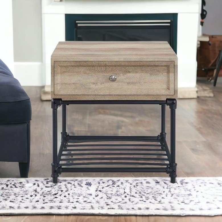 HomeRoots 22" Sandy Black And Oak Manufactured Wood And Metal Square End Table With Drawer And Shelf - 22' X '22' X '22 - Black - Wood