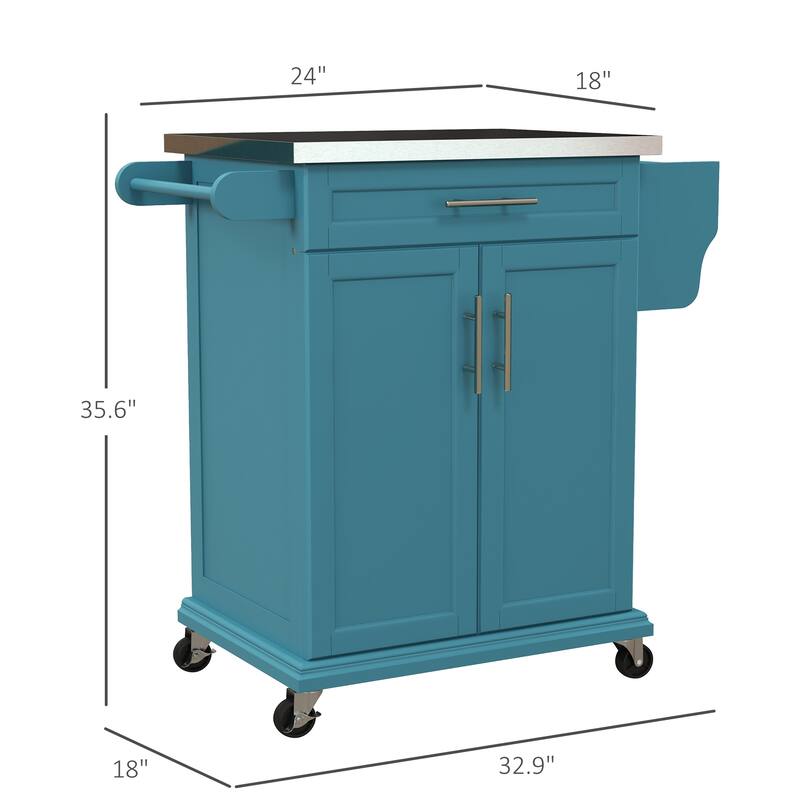 Blue Pine Wood Kitchen Island with Stainless Steel Top and Storage - 33" L x 18" W x 35.75" H
