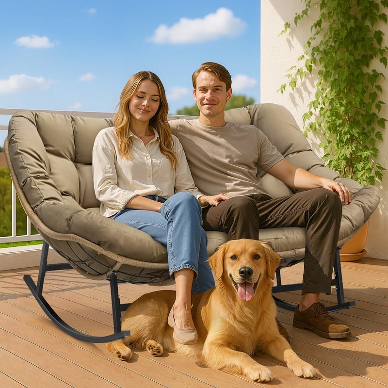 FINCATI Outdoor Double Papasan Chair, Oversized Patio Rocking Chair, 700 lbs Indoor Wicker Rocking Chair for Two