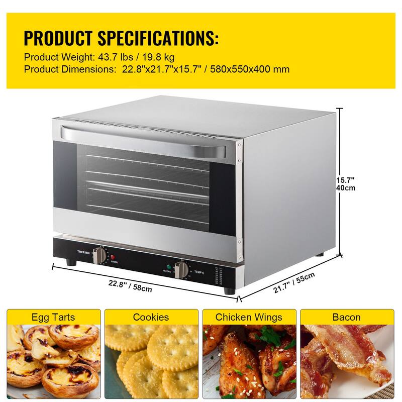 Commercial Convection Oven with Front Glass Door, Electric Baking Oven with Trays Wire Racks Clip Gloves - 47L/43Qt