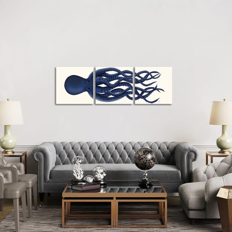 iCanvas "Giant Octopus Blue Panoramic" by Fab Funky 3-Piece Canvas Wall Art Set - 20x60x1.5