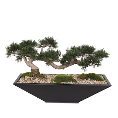 Artificial Large Cedar Bonsai, Moss, Natural Pebbles in Metal Zinc Pot - 28W x 10D x 17H