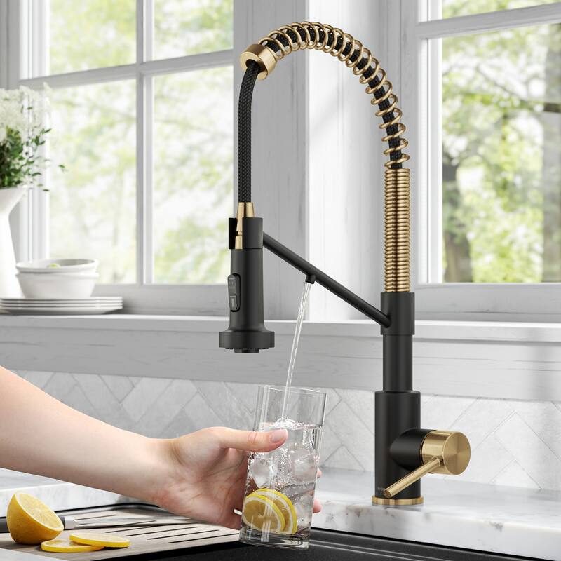 Kraus Bolden 2-Function 1-Handle Commercial Pulldown Kitchen Faucet - KFF-1610 - 19 1/4" Height (Filter Faucet) - BBMB - Brushed Brass/ Matte Black