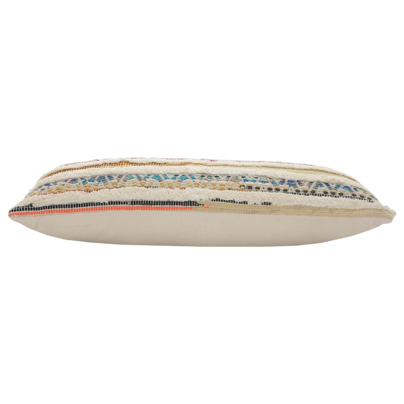 HomeRoots 14" X 36" Off-White Red Blue Orange And Green 100% Cotton Striped Zippered Pillow