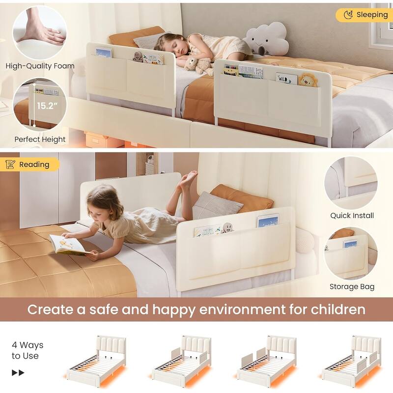 LED Bed Frame Storage DrawerSafety Guardrails Velvet Princess Platform Bed Kids
