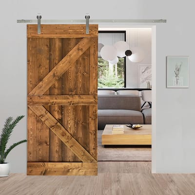 CALHOME K Series Stained Wooden Sliding Barn Door w/ Hardware Kit