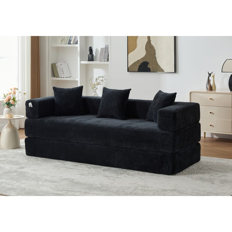 HOMEFUN Chenille Upholstered Convertible Foldable Memory Foam Sleeper Sofa with Pillows for Living Room - Black