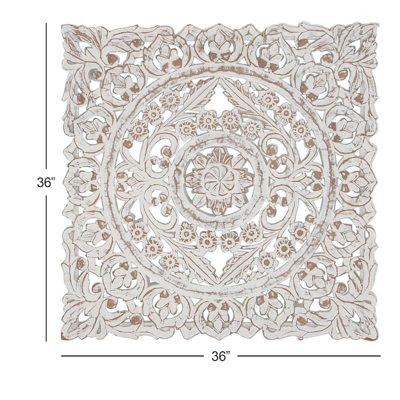 White Wooden Handmade Intricately Carved Floral Home Wall Decor with Mandala Design