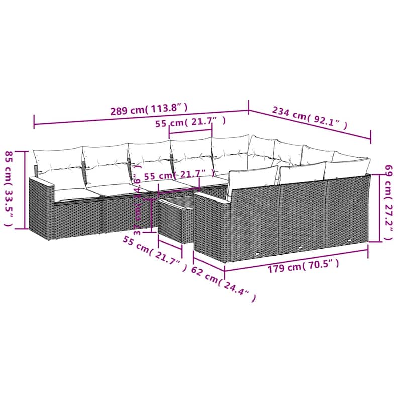 vidaXL 10/11 Piece Patio Sofa Set with Cushions Black/Gray Poly Rattan - 24.4 x 24.4 x 27.2