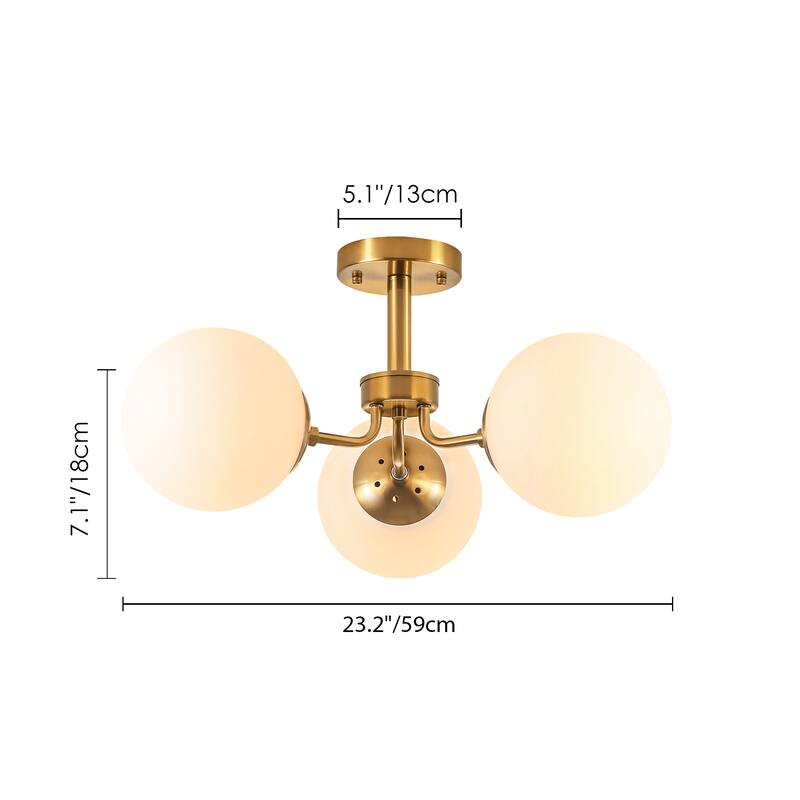 23.2" W 3-Light Bohemian Farmhouse Gold/White Sputnik Frosted Opal Bubble Glass Semi-Flush Mount Ceiling Light
