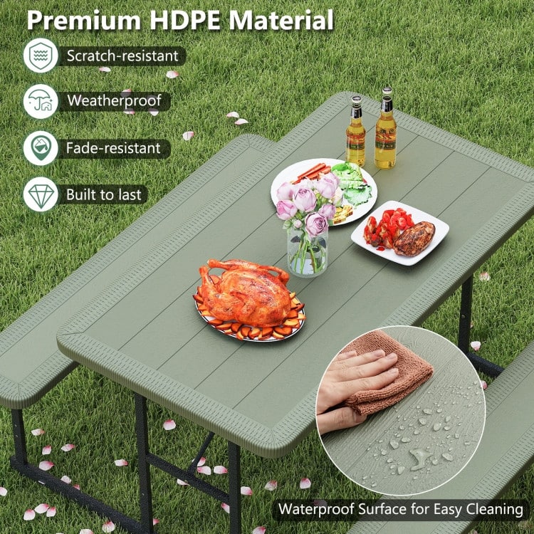 HDPE Picnic Table and Bench Set with Metal Frame and Umbrella Hole - 59" x 53" x 30"