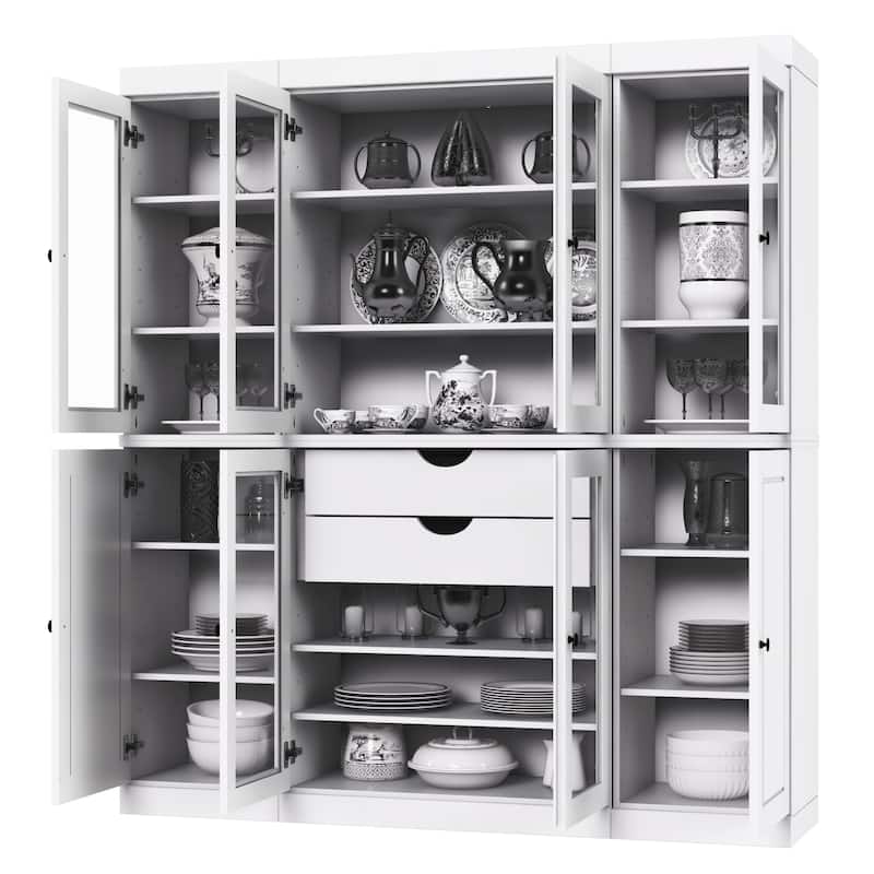 Palace Imports 100% Solid Wood Kitchen China Cabinet Pantry with Glass or Solid Wood Doors and 2-Drawer Kit - 65" x 71.5"