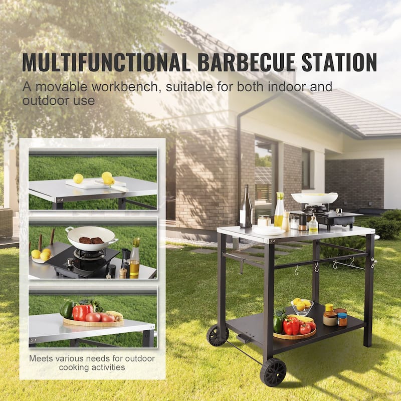 Multifunctional Stainless Steel Outdoor Grill Dining Cart with Double Shelf and Blow Molded Wheels - 39.37 x 25.19 x 32.87 inch