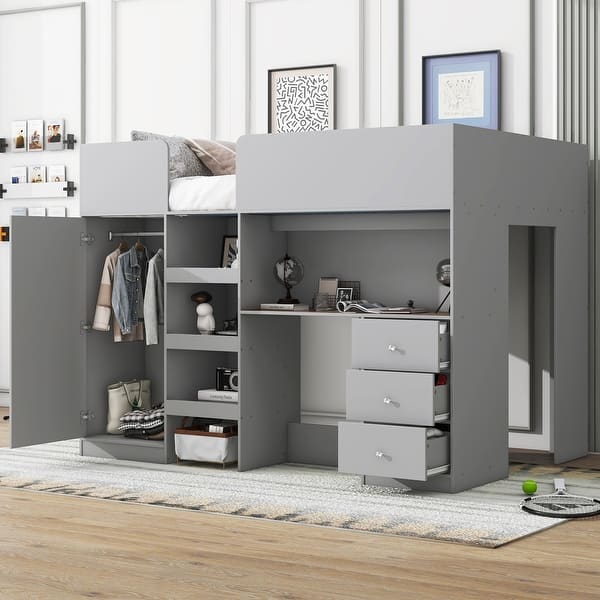 slide 2 of 27, Full Size Loft Bed with Wardrobe, Desk, Storage Shelves, and Drawers, Grey Wood - Includes Ladder and Safety Guardrails Grey