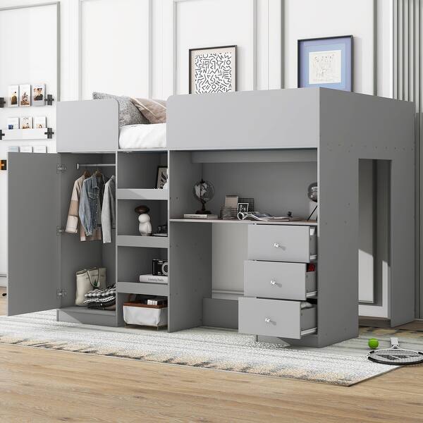 slide 2 of 14, Grey Full Size Solid Wood Loft Bed with Built-in Wardrobe, Desk, Storage Shelves and Drawers Grey