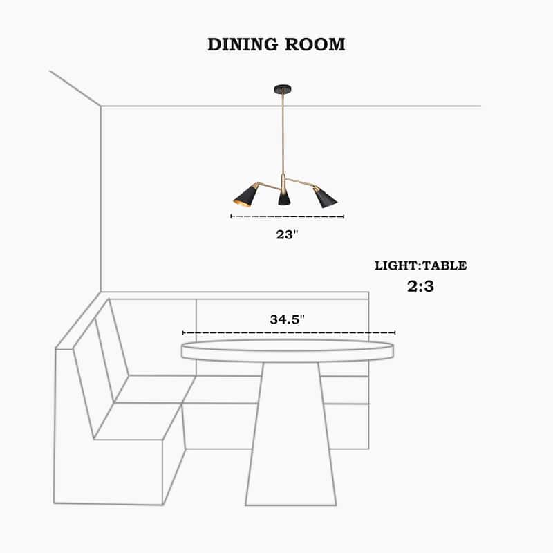 Modern Black Gold 3-Light Sputnik Chandeliers Metal Pendant Lights for Dining Room