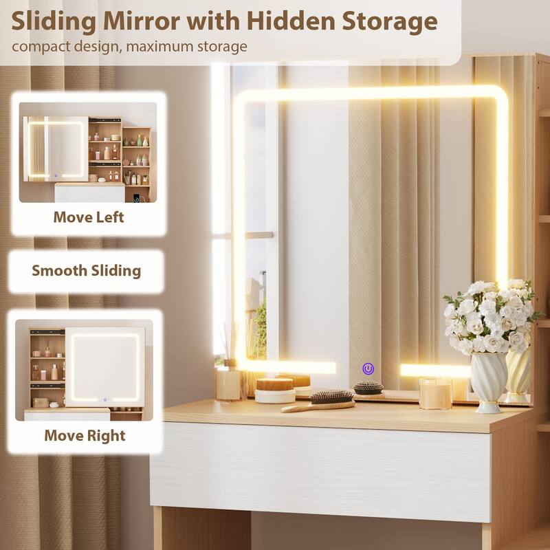 Modern Makeup Vanity with Sliding Mirror, 4 Drawers & 7 Shelves, 3 Light Colors, Charging Port & Stool Set