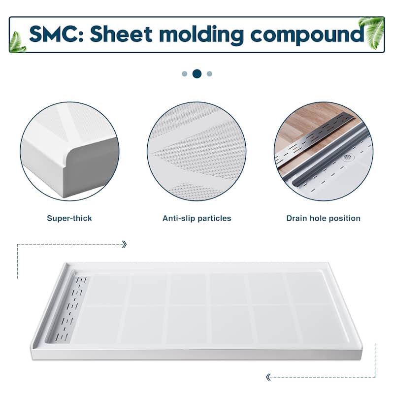 Elegant Rectangular Shower Base in White Single Threshold Left Drain Anti-slip SMC Shower Pan 48'' L x 32'' W x 4'' H