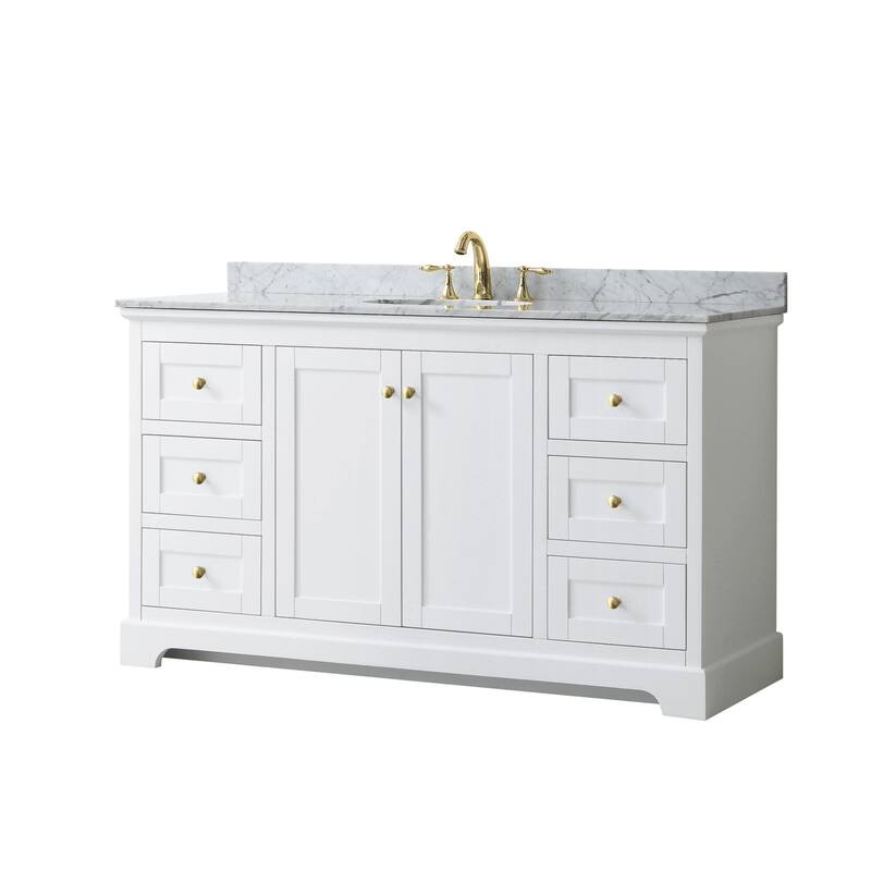 Wyndham Collection Avery 60" Free Standing Single Basin Vanity Set - White / White Carrara Marble Top / Brushed Gold - Painted