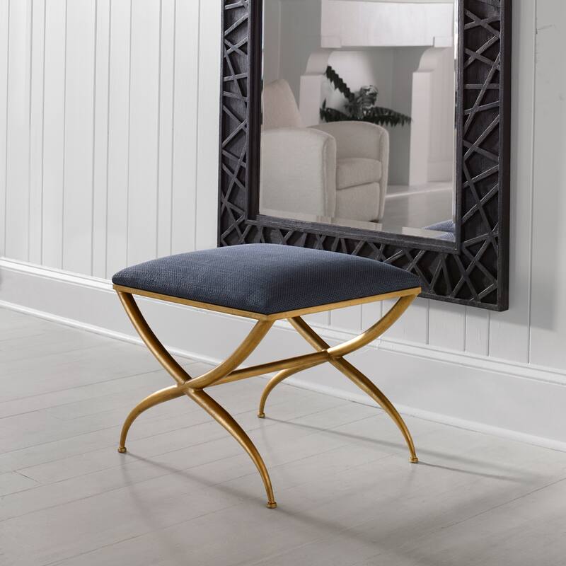 Small Upholstered Seat Bench with Crossed Legs - 23.5" - Antique Gold Finish
