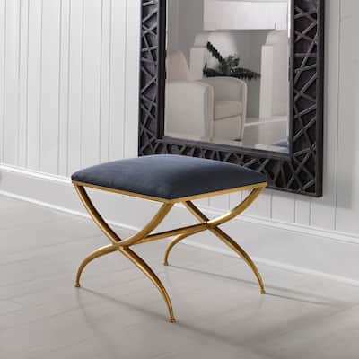 Small Upholstered Seat Bench with Crossed Legs - 23.5" - Antique Gold Finish