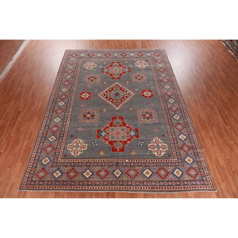 Hand Knotted Oriental 100% Wool Carpet Traditional Geometric Greys & Charcoal Kazak Area Rug - 13' 7'' X 9' 10''