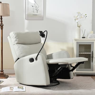 Grey 360° Swivel Recliner with Rocking Motion, Phone Holder, Footrest, and Adjustable Recline for Home Theater