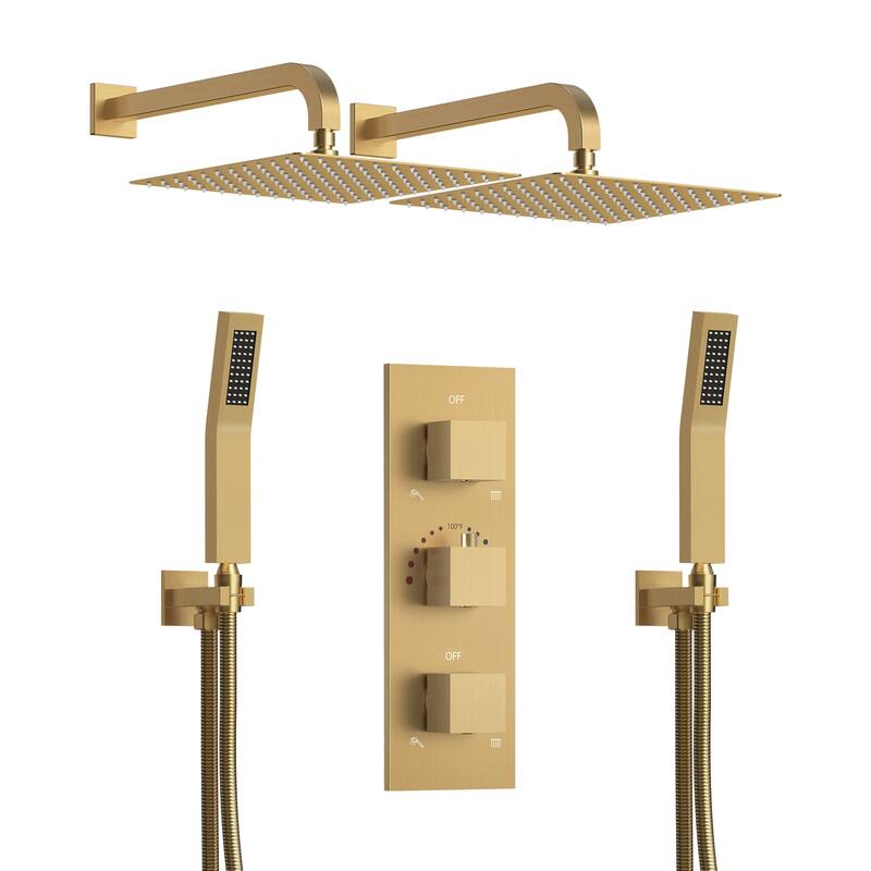 GRANDJOY 12 inch Wall Mounted Dual Shower Heads with Handheld Spray Combo Thermostatic High Pressure Shower System