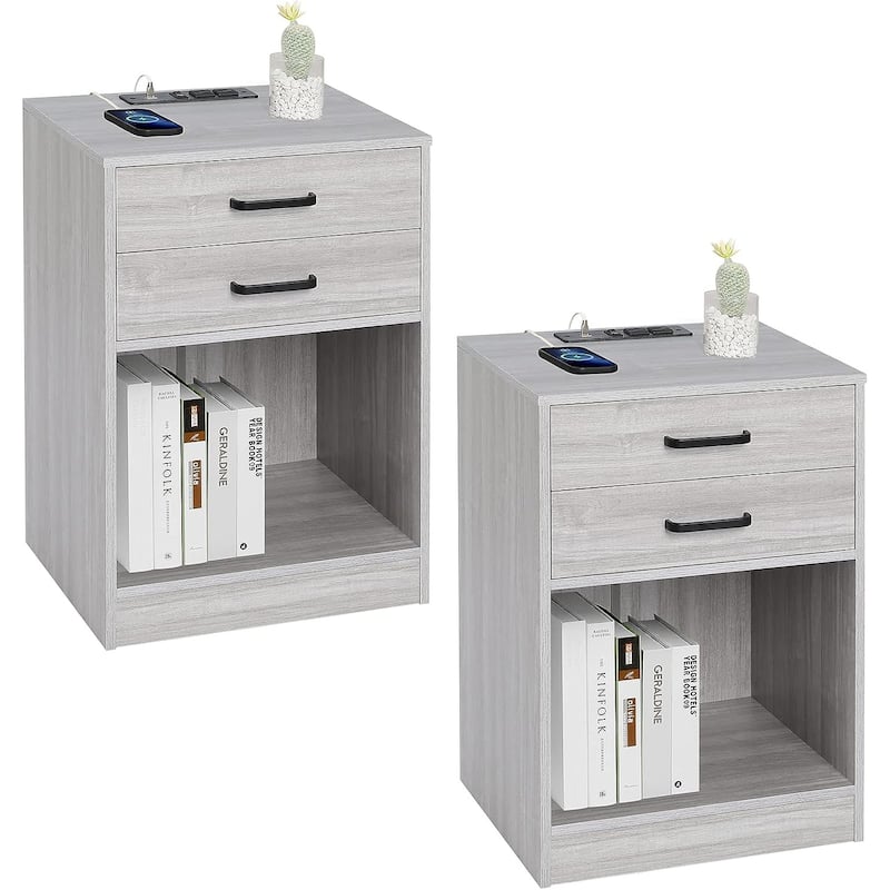 Nightstand 2 Drawers End Table Charging Station Nightstand Set of 2 - Grey