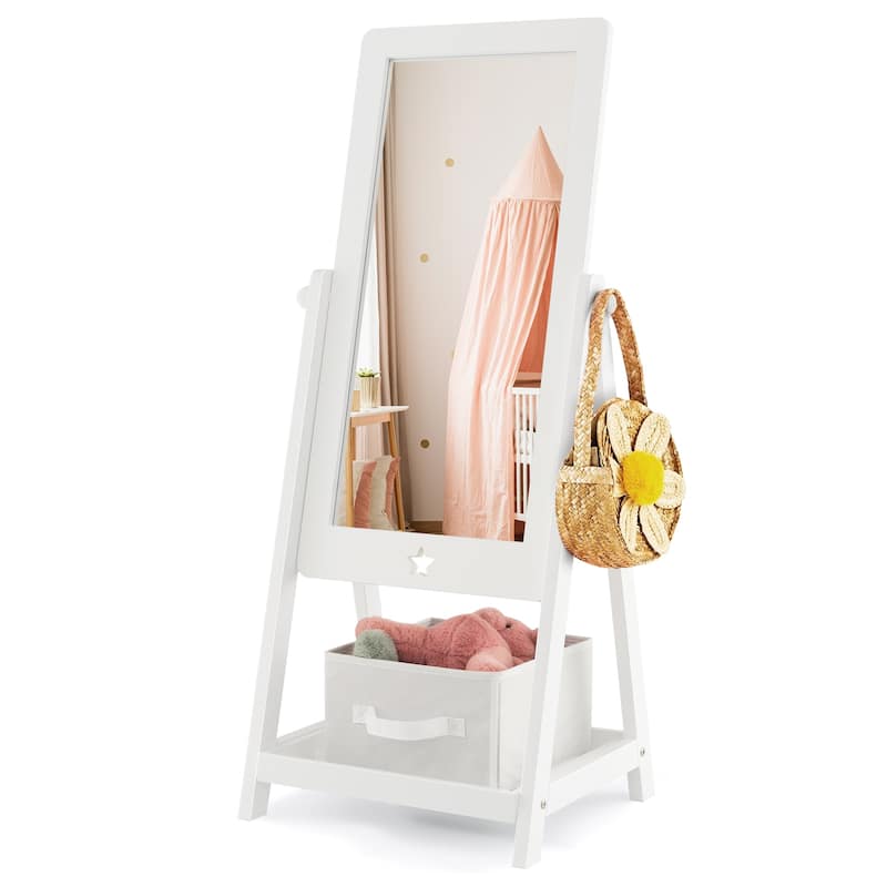 Kids Full Length Wooden Standing Mirror with Bottom Shelf and Foldable Storage Bin-White - 17.5"L x 15.5"W x 44"H