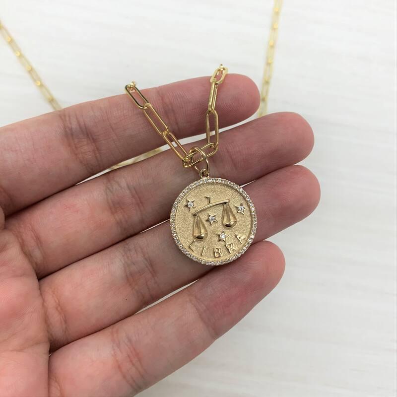 Zodiac Diamond Sign Necklace 14k Gold - Coin Pendant - Yellow Gold Diamond Necklace for Her - Women's Neckace