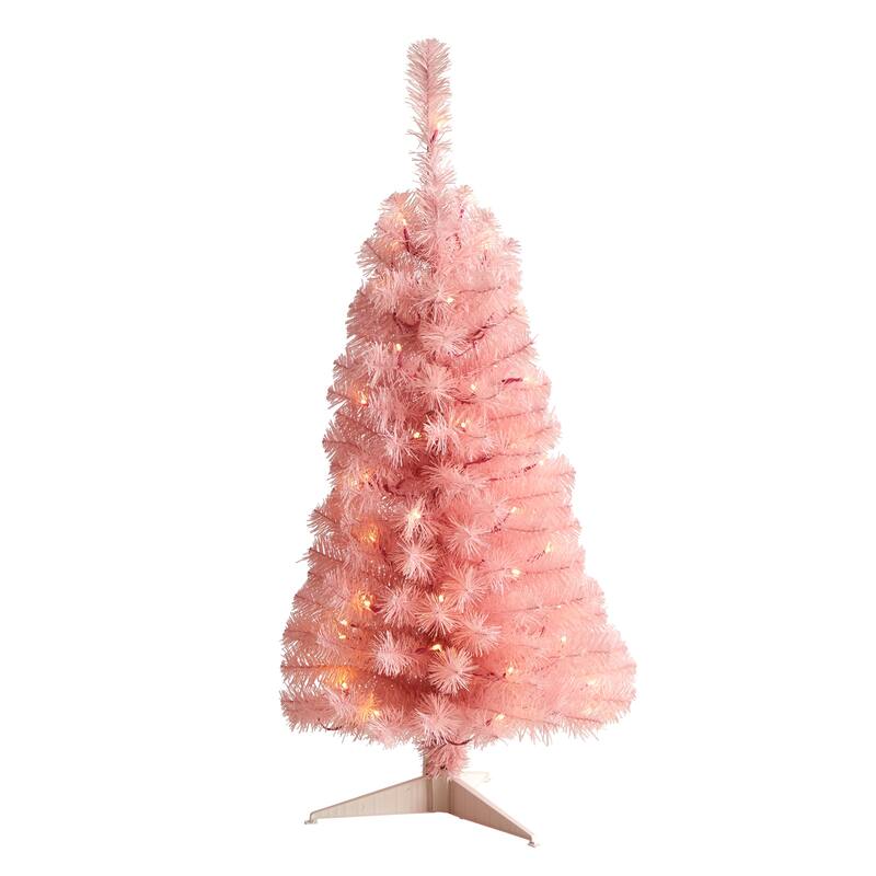 3’ Pre-Lit Mini Pink Artificial Christmas Tree, Clear LED Lights - 3 Foot