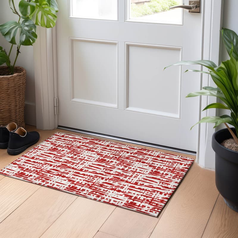 Machine Washable Indoor/ Outdoor Modern Crosshatch Chantille Rug - Red - 1'8" x 2'6"