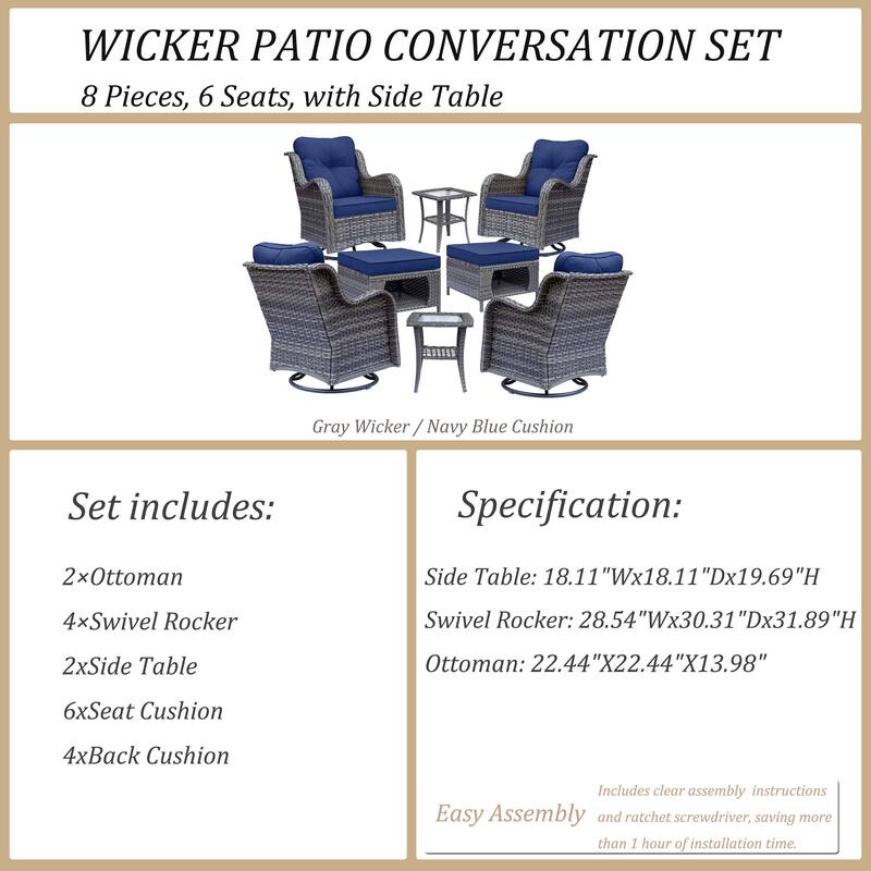 8 Piece Outdoor Patio Swivel Glider Chairs Ottoman Set with Side Table