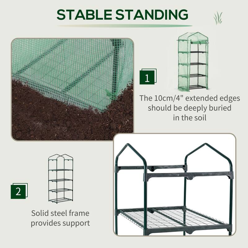 Portable Greenhouse, Outdoor Hot House Plant Flower Greenhouse with 4 Tier Shelves, Steel Frame, PE Cover, Dark Green