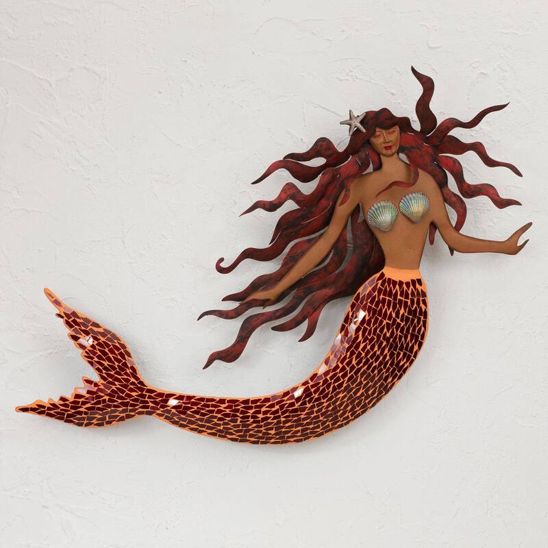 Handmade Ocean Queen Iron and glass mosaic wall sculpture (Mexico) - 88 x 44 x 12