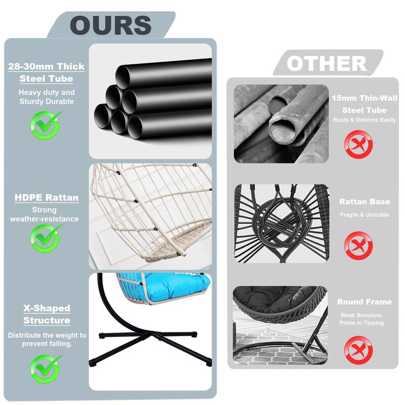 Outdoor Egg Hanging Chair, Swing Chair with Stand & Aluminum-Steel Frame, Patio Rattan Wicker Hanging Swing Egg Chair